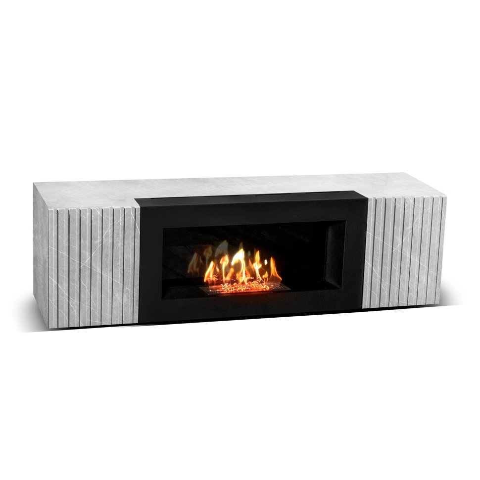 Тумба под ТВ с биокамином SteelHeat IMOLA IMPULSE 140 см (корпус Серый бетон / фасады Мрамор)